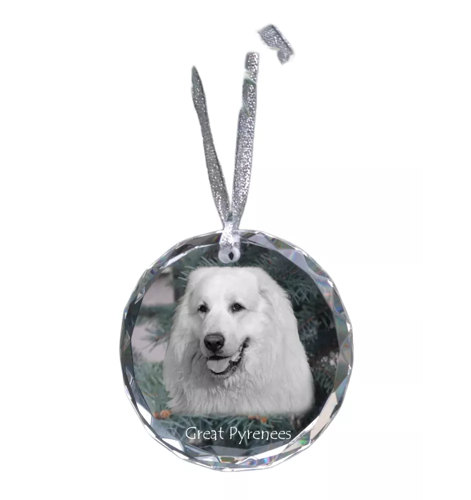 Pyrenäenberghund, Patou - Kristallkugel mit Foto, Hundebild im Kristall, personalisierter Christbaumschmuck von Art-Dog.