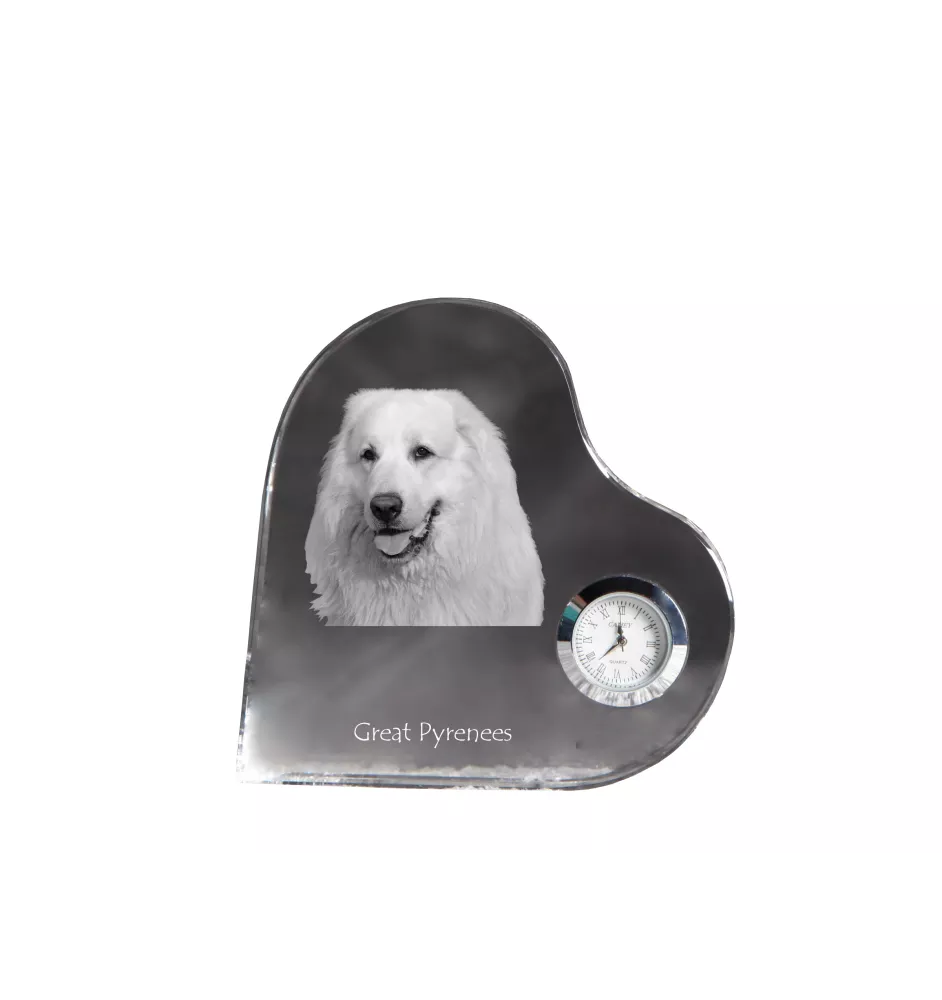 Pyrenäenberghund, Patou - Kristalluhr mit einem Hundebild, Herzregal-Uhr, personalisierte Standuhr der Marke Art-Dog