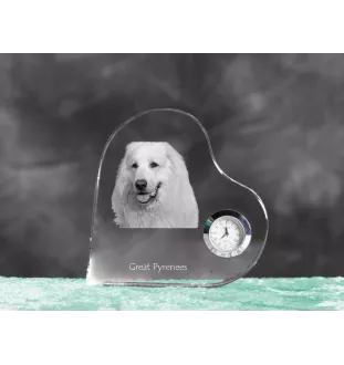 Pyrenean Mountain Dog, Great Pyrenees, Pyrenean Shepherd - crystal clock with a dog picture, heart-shaped shelf clock, personalized standing clock by Art-Dog brand