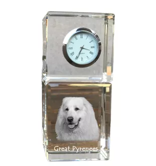 Chien de montagne des Pyrénées, Pastou, Patou - montre en cristal avec photo, photo de chien dans un cristal, horloge de bureau personnalisée de la marque Art-Dog