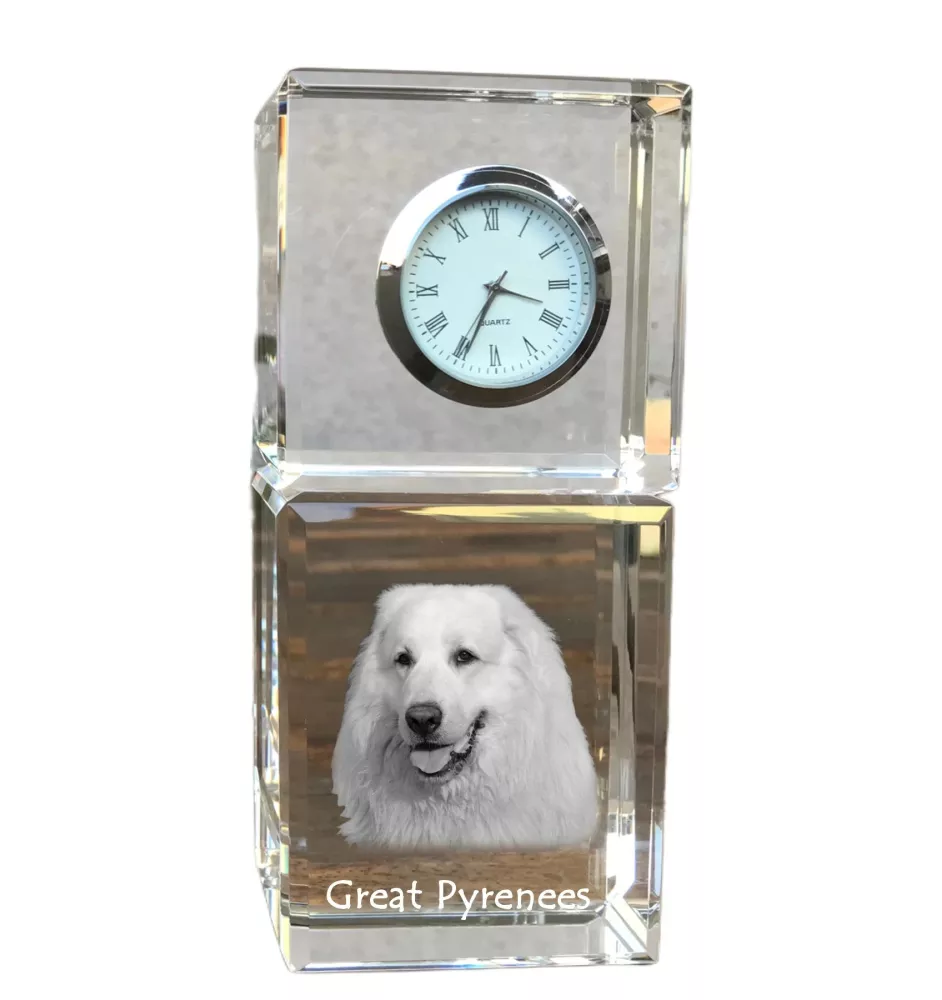 Chien de montagne des Pyrénées, Pastou, Patou - montre en cristal avec photo, photo de chien dans un cristal, horloge de bureau personnalisée de la marque Art-Dog