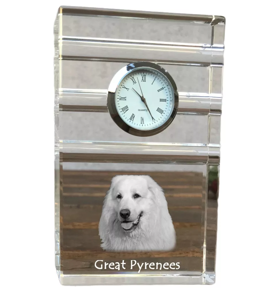 Chien de montagne des Pyrénées, Pastou, Patou - une horloge en verre avec une photo, une photo de chien dans un cristal, une horloge de bureau personnalisée de la marque Art-Dog