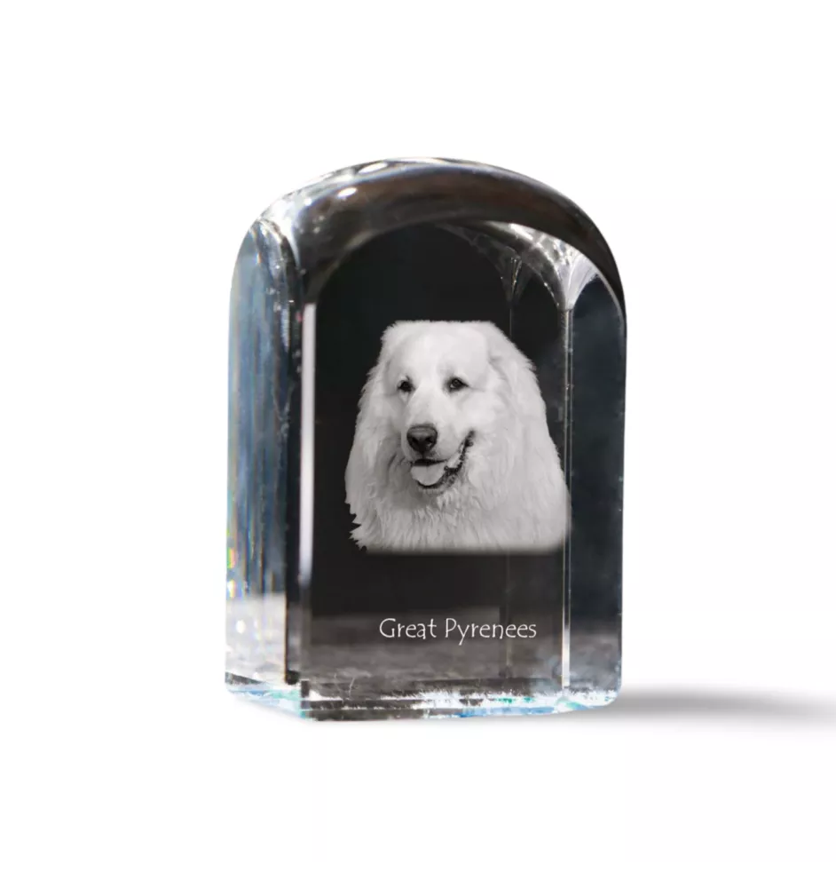 Chien de montagne des Pyrénées, Pastou, Patou - un cube de cristal avec une photo, une photo de chien dans le cristal, un presse-papiers cubique de la marque Art-Dog