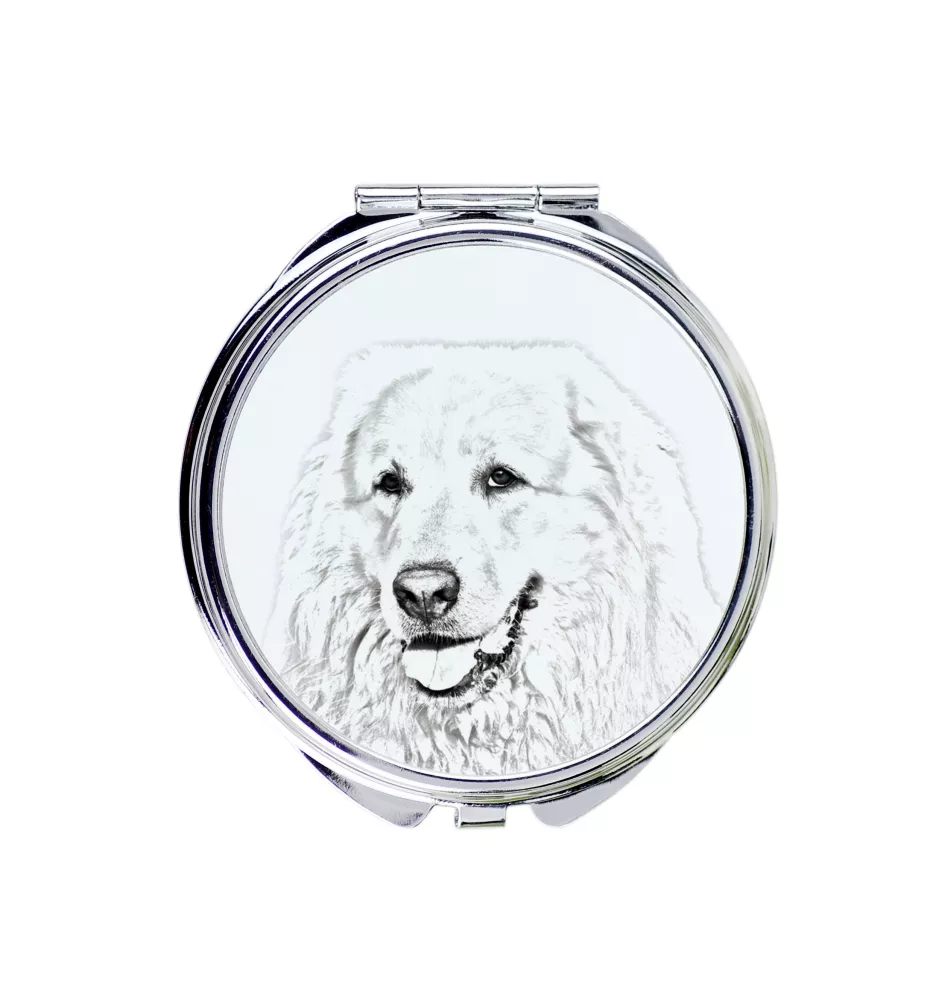 Pyrenäenberghund, Patou - Taschenspiegel mit Hund, personalisierter Taschenspiegel, kompakter Spiegel mit Art-Dog-Logo