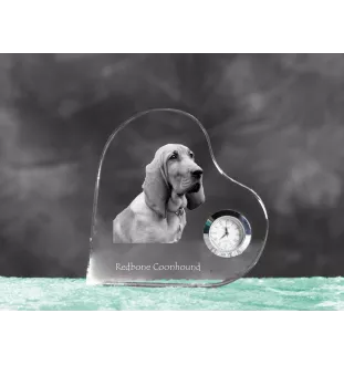 Redbone Coonhound - crystal clock with a dog picture, heart-shaped shelf clock, personalized standing clock by Art-Dog brand