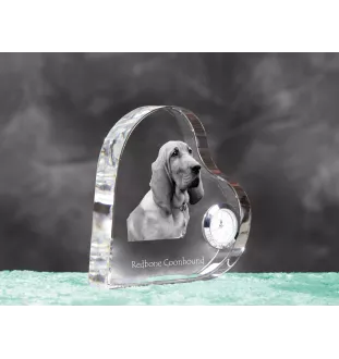 Redbone Coonhound - crystal clock with a dog picture, heart-shaped shelf clock, personalized standing clock by Art-Dog brand