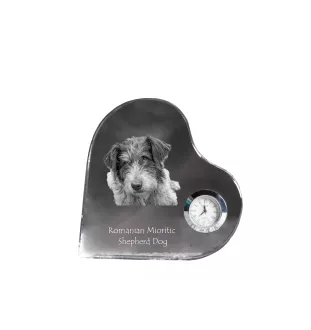Romanian Mioritic Shepherd Dog, Ciobănesc Românesc Mioritic - crystal clock with a dog picture, heart-shaped shelf clock, personalized standing clock by Art-Dog brand