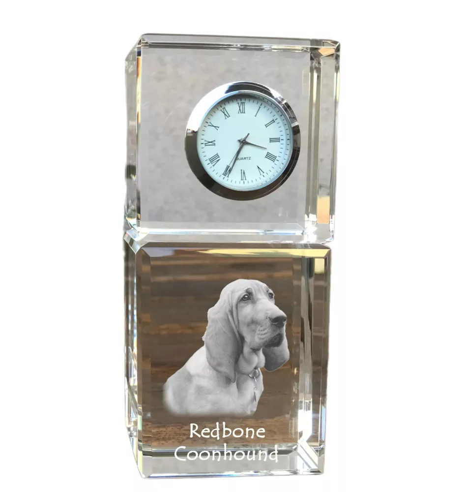 Redbone Coonhound - crystal clock with a photo, a photo of a dog in crystal, personalized desk clock by Art-Dog brand