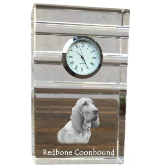 Redbone Coonhound - une horloge en verre avec une photo, une photo de chien dans un cristal, une horloge de bureau personnalisée de la marque Art-Dog