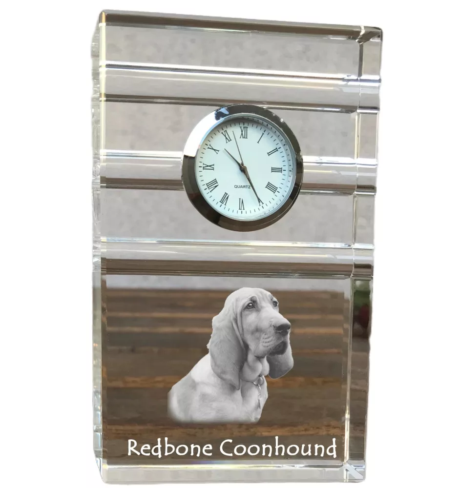 Redbone Coonhound - glass clock with a photo, photo of a dog in crystal, personalized standing office clock by Art-Dog brand