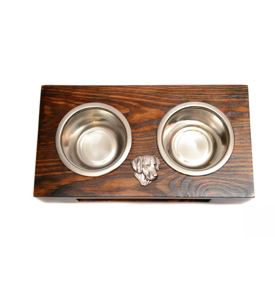 Rhodesian Ridgeback, African Lionhound, African Lion Dog - wooden stand with bowls for a dog, steel dog bowls, a gift for adopting a dog from the Art-Dog brand