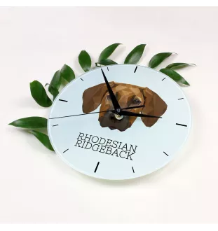 Rhodesian Ridgeback - geometrische Wanduhr mit Bild und Aufschrift der Marke Art-Dog