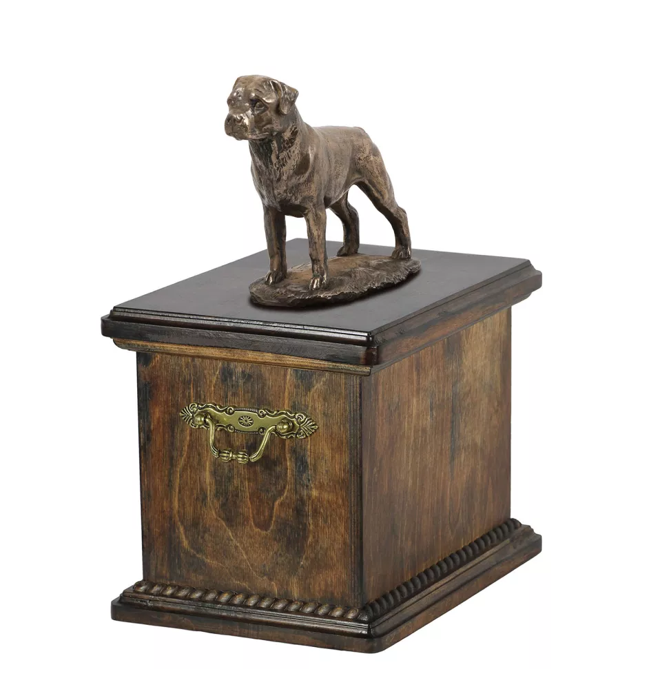 Rottweiler eine Urne für die Asche des Hundes, eine Urne mit einer Statue, eine elegante Urne im klassischen Stil der Marke Art-Dog