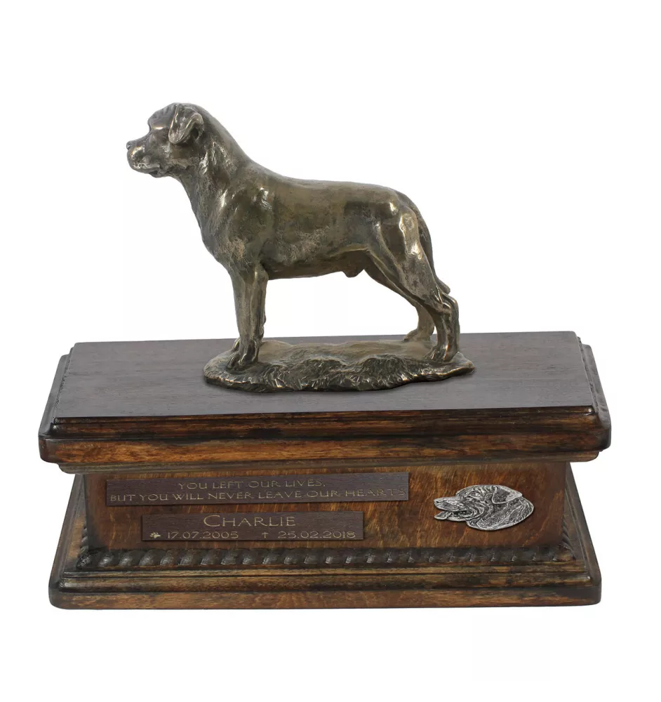 Rottweiler, Rott, Rottie V - urn for dog ashes, personalized urn with a statue, wooden urn with a dog by Art-Dog brand
