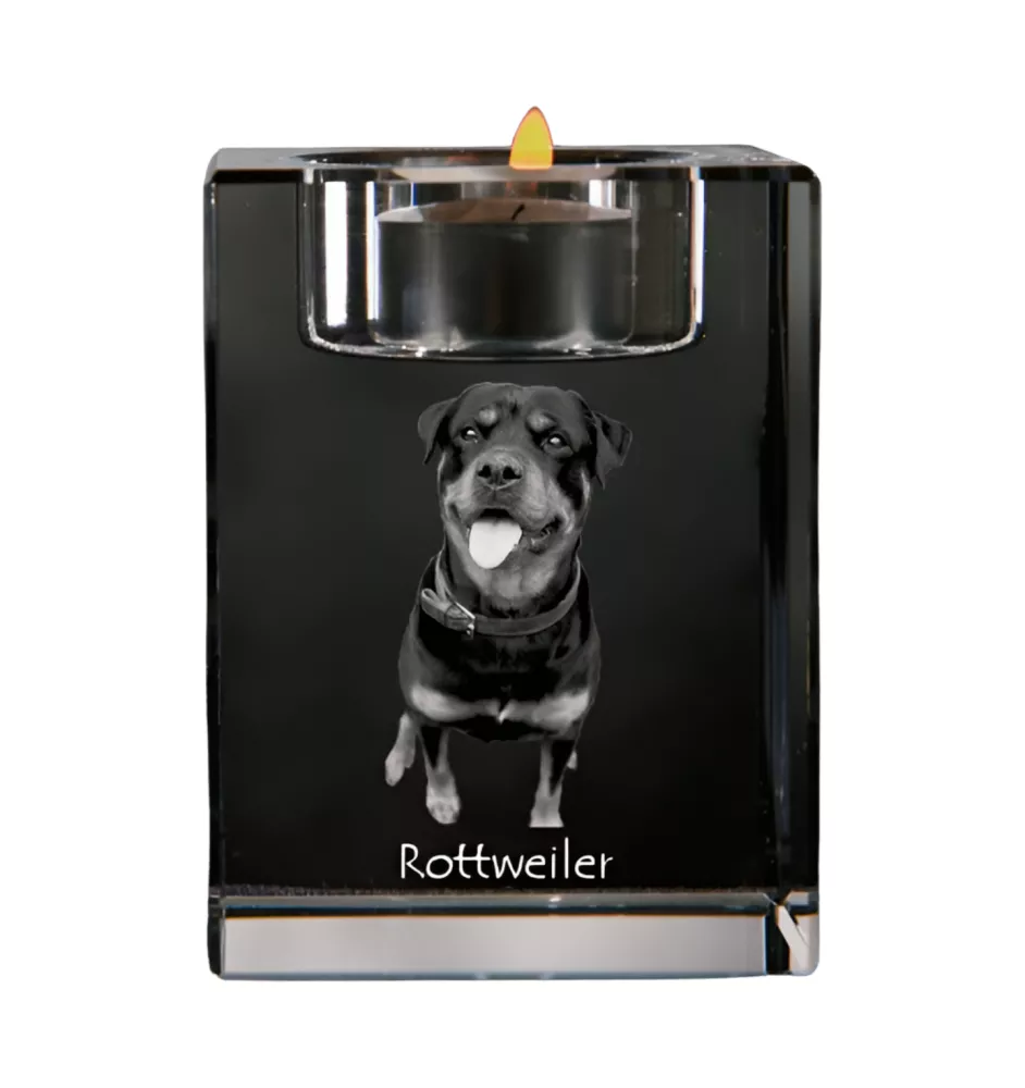 Rottweiler, Rott, Rottie - Candle holder with dog photo, crystal tealight holder, personalised gift by Art-Dog brand