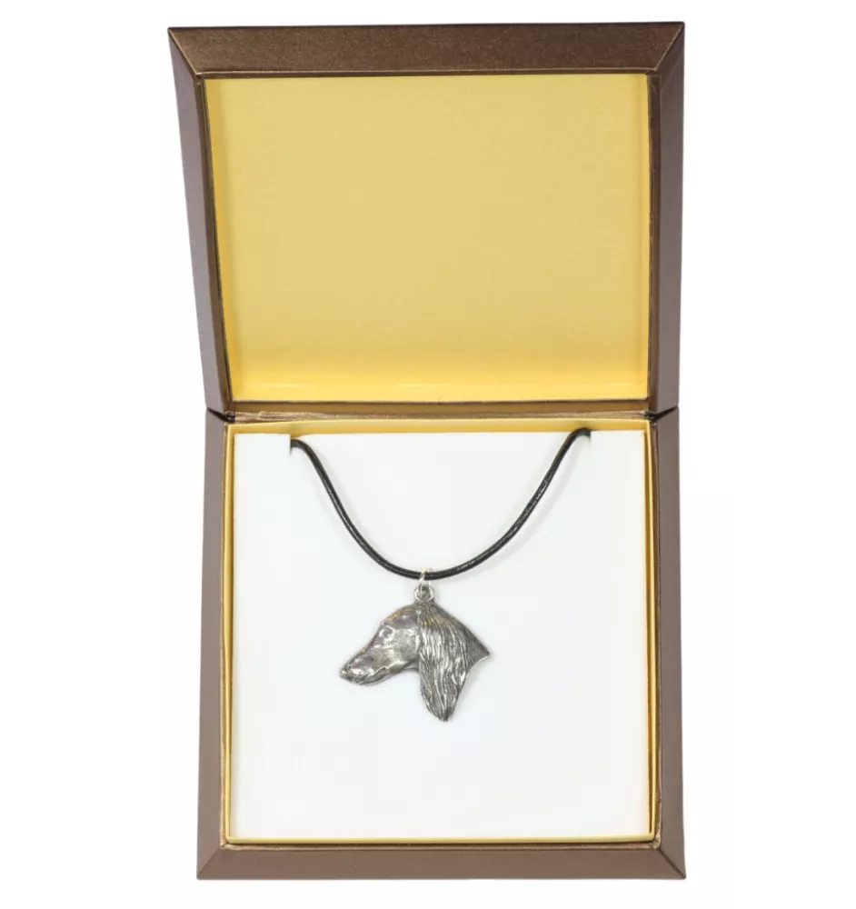 Saluki, Persian Greyhound, Arabian hound, Gazelle hound - Dog necklace in gift box, silver-plated locket for dog fan, striking pendant by Art-Dog brand
