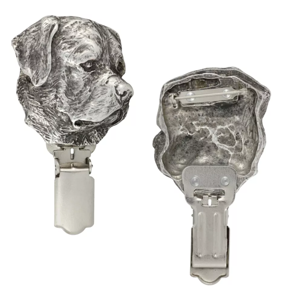 Rottweiler - Brosche mit Clip, Startnummernhalter, versilberte Anstecknadel für Hundeausstellungen der Marke Art-Dog