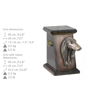 Saluki, Persischer Windhund eine Ascheurne für Hunde, eine elegante Urne mit einer Statue, eine Gedenkurne mit dem Porträt eines Hundes von der Marke Art-Dog