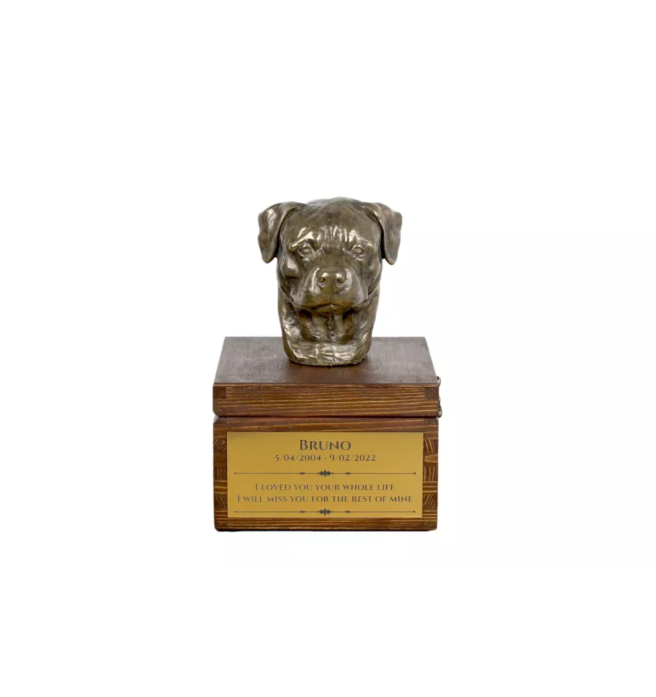Rottweiler - Eine Ascheurne für Hunde mit einer Statuette, eine kleine Urne für Hunde, eine personalisierte Urne mit dem Porträt eines Hundes von der Marke Art-Dog.