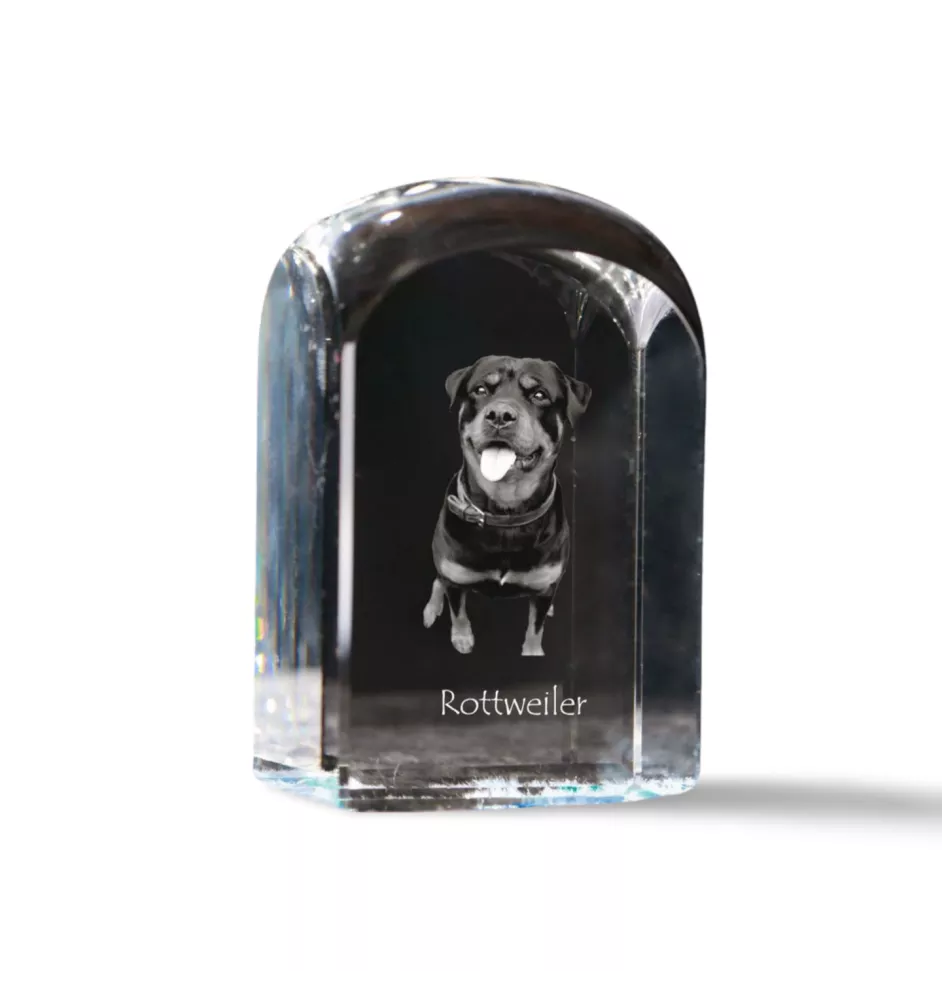 Rottweiler, Rott, Rottie - crystal cube with a photo, photo of a dog in crystal, cubic paperweight from Art-Dog brand