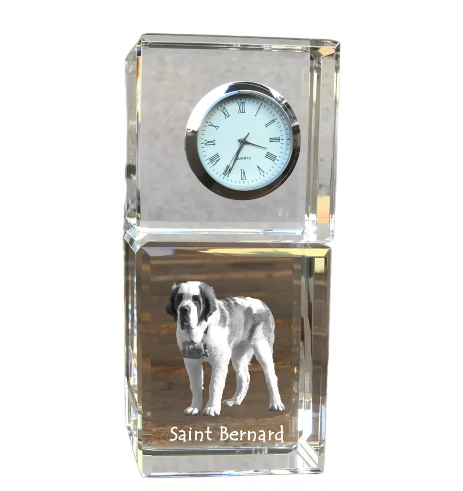 St. Bernhardshund, Bernhardiner - Kristalluhr mit Foto, Hundebild im Kristall, personalisierte Schreibtischuhr von Art-Dog.
