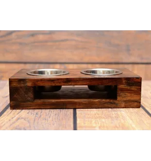 Rottweiler, Rott, Rottie II - wooden stand with bowls for a dog, steel dog bowls, a gift for adopting a dog from the Art-Dog brand