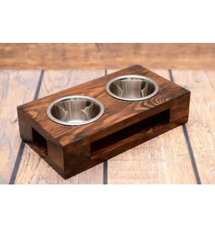 Rottweiler, Rott, Rottie II - wooden stand with bowls for a dog, steel dog bowls, a gift for adopting a dog from the Art-Dog brand