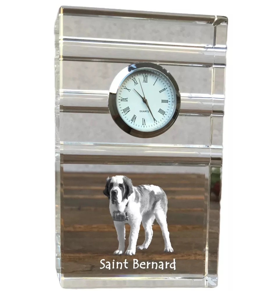 St. Bernhardshund, Bernhardiner - Glasuhr mit Foto, Foto eines Hundes im Kristall, personalisierte Tischuhr für das Büro der Marke Art-Dog