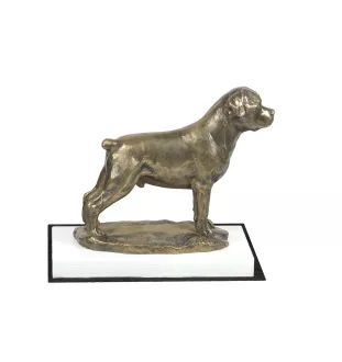 Rottweiler - Hundestatue, Figur auf weißem Sockel, Trophäe für die Art-Dog-Hundeaustellung.