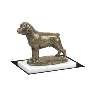 Rottweiler, Rott, Rottie - dog figurine, statue on white marble, trophy for Art-Dog dog show exhibition