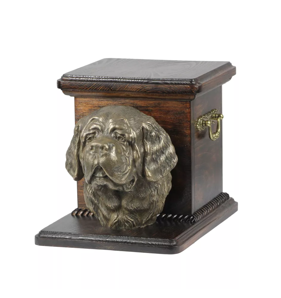 St. Bernhardshund, Bernhardiner - Eine Urne für die Asche eines Hundes mit einer Statuette, eine elegante Urne für einen Hund, eine außergewöhnliche Urne mit dem Porträt eines Hundes von der Marke Art