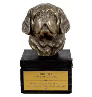 St. Bernard, Saint Bernard, Alpine Mastiff, Bernhardiner - an urn with an engraving and a sculpture of a dog, a handmade product by the Art-Dog brand.