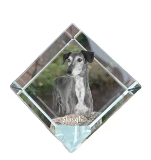 Saluki, Persischer Windhund - Kristallwürfel mit Bild, Pferdebild im Kristall, sechseckiger Papierclip der Marke Art-Dog