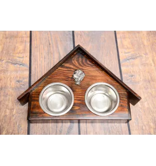 St. Bernard, Saint Bernard, Alpine Mastiff, Bernhardiner - wooden stand with bowls for a dog, decorative dog bowls, a gift for adopting a dog from the Art-Dog brand