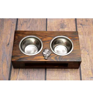 St. Bernard, Saint Bernard, Alpine Mastiff, Bernhardiner - wooden stand with bowls for a dog, steel dog bowls, a gift for adopting a dog from the Art-Dog brand