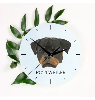 Rottweiler - geometrische Wanduhr mit Bild und Aufschrift der Marke Art-Dog