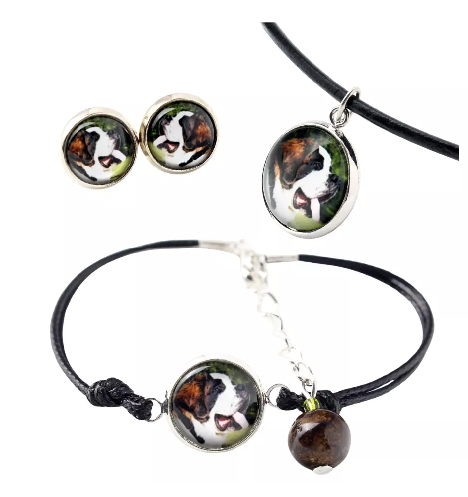 St. Bernard, Saint Bernard, Alpine Mastiff, Bernhardiner - a set of jewelry in a box, necklace, earrings, bracelet, products from the Art-Dog brand