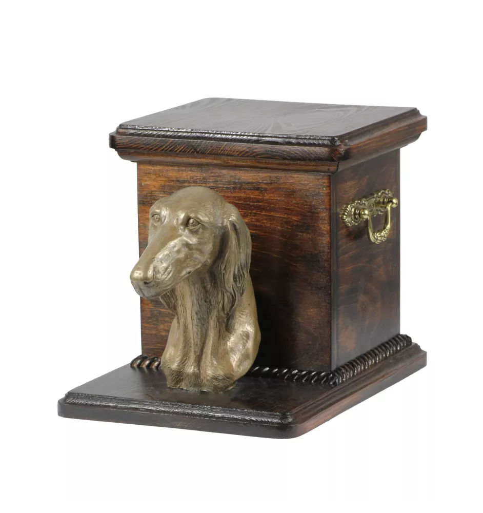 Saluki, Persischer Windhund - Eine Urne für die Asche eines Hundes mit einer Statuette, eine elegante Urne für einen Hund, eine außergewöhnliche Urne mit dem Porträt eines Hundes von der Marke Art-Dog