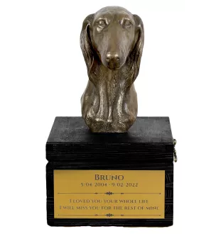 Saluki, Persischer Windhund - eine Urne mit Gravur und Hundeskulptur, letzter Abschied, handgefertigtes Produkt der Marke Art-Dog