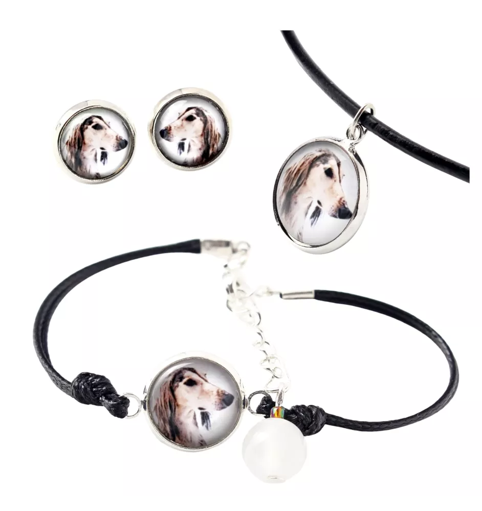 Saluki, Persian Greyhound, Arabian hound, Gazelle hound - a set of jewelry in a box, necklace, earrings, bracelet, products from the Art-Dog brand