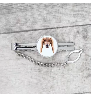 Saluki, Persian Greyhound, Arabian hound, Gazelle hound - geometric tie clip with a picture and inscription from Art-Dog