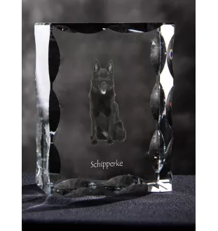 Schipperke - Kristall mit einem Hundebild, Glasstatuette mit einem Bild, einzigartiger Bilderrahmen der Marke Art-Dog