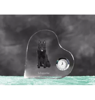 Schipperke, Little Black Devil, Little Captain - crystal clock with a dog picture, heart-shaped shelf clock, personalized standing clock by Art-Dog brand