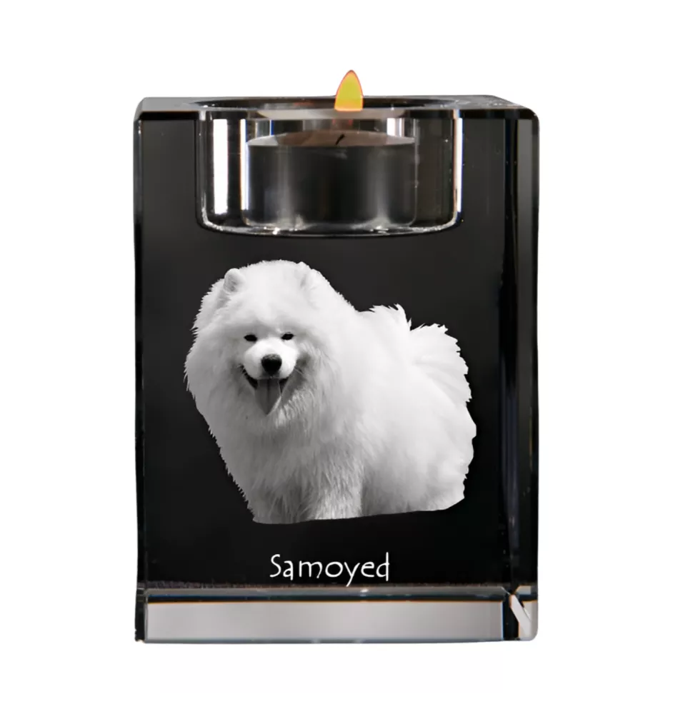 Samojede, Samoyed, Samojedenhund, Samojedenspitz - Kerzenhalter mit Hundefoto, Teelichthalter aus Kristall, personalisiertes Geschenk der Marke Art-Dog