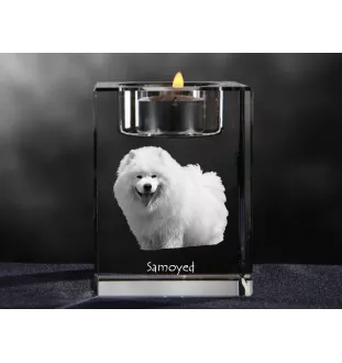Samojede, Samoyed, Samojedenhund, Samojedenspitz - Kerzenhalter mit Hundefoto, Teelichthalter aus Kristall, personalisiertes Geschenk der Marke Art-Dog