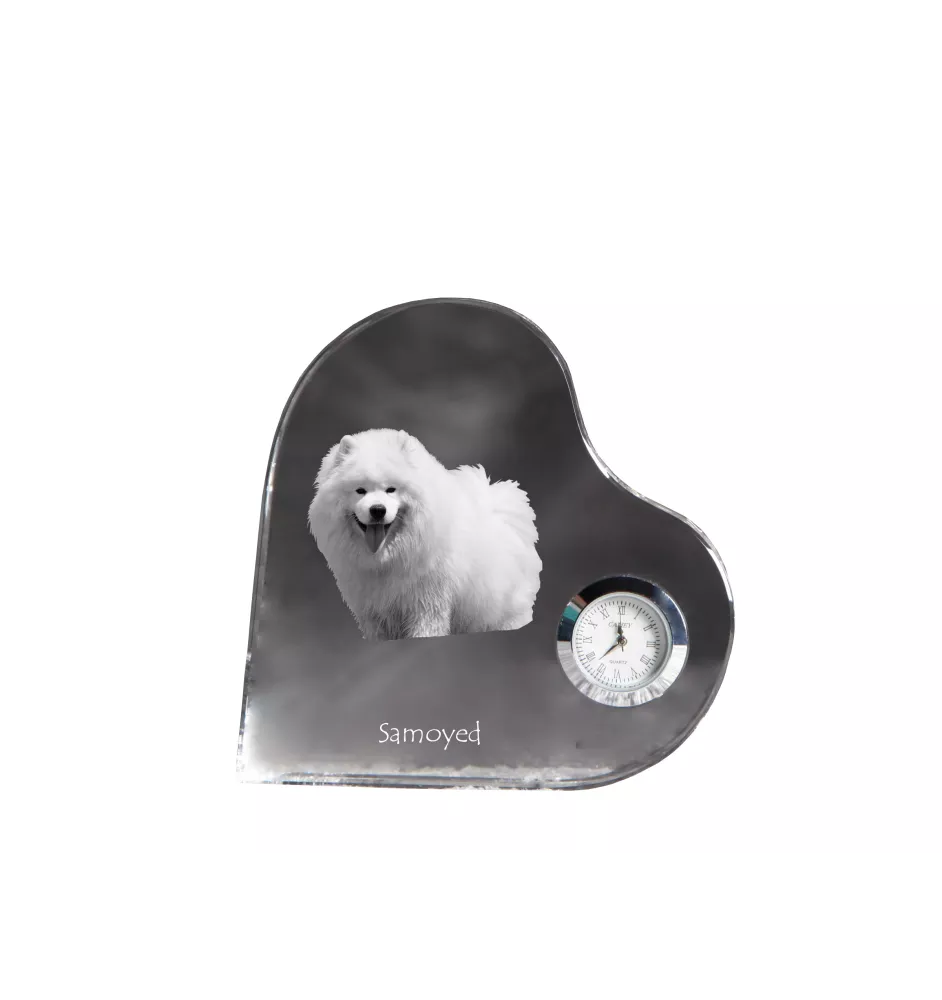 Samoyed, Bjelkier, Samoiedskaya Sobaka - crystal clock with a dog picture, heart-shaped shelf clock, personalized standing clock by Art-Dog brand