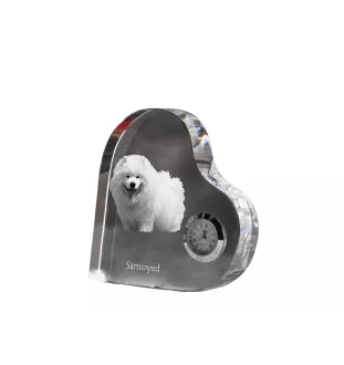 Samoyed, Bjelkier, Samoiedskaya Sobaka - crystal clock with a dog picture, heart-shaped shelf clock, personalized standing clock by Art-Dog brand