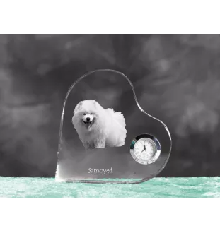 Samoyède - horloge en cristal avec une photo de chien, horloge de table en forme de cœur, horloge debout personnalisée de la marque Art-Dog