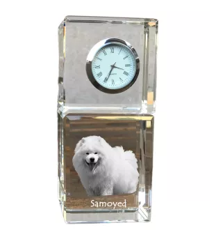 Samoyed, Bjelkier, Samoiedskaya Sobaka - crystal clock with a photo, a photo of a dog in crystal, personalized desk clock by Art-Dog brand