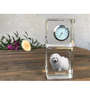 Samojede, Samoyed, Samojedenhund, Samojedenspitz - Kristalluhr mit Foto, Hundebild im Kristall, personalisierte Schreibtischuhr von Art-Dog.